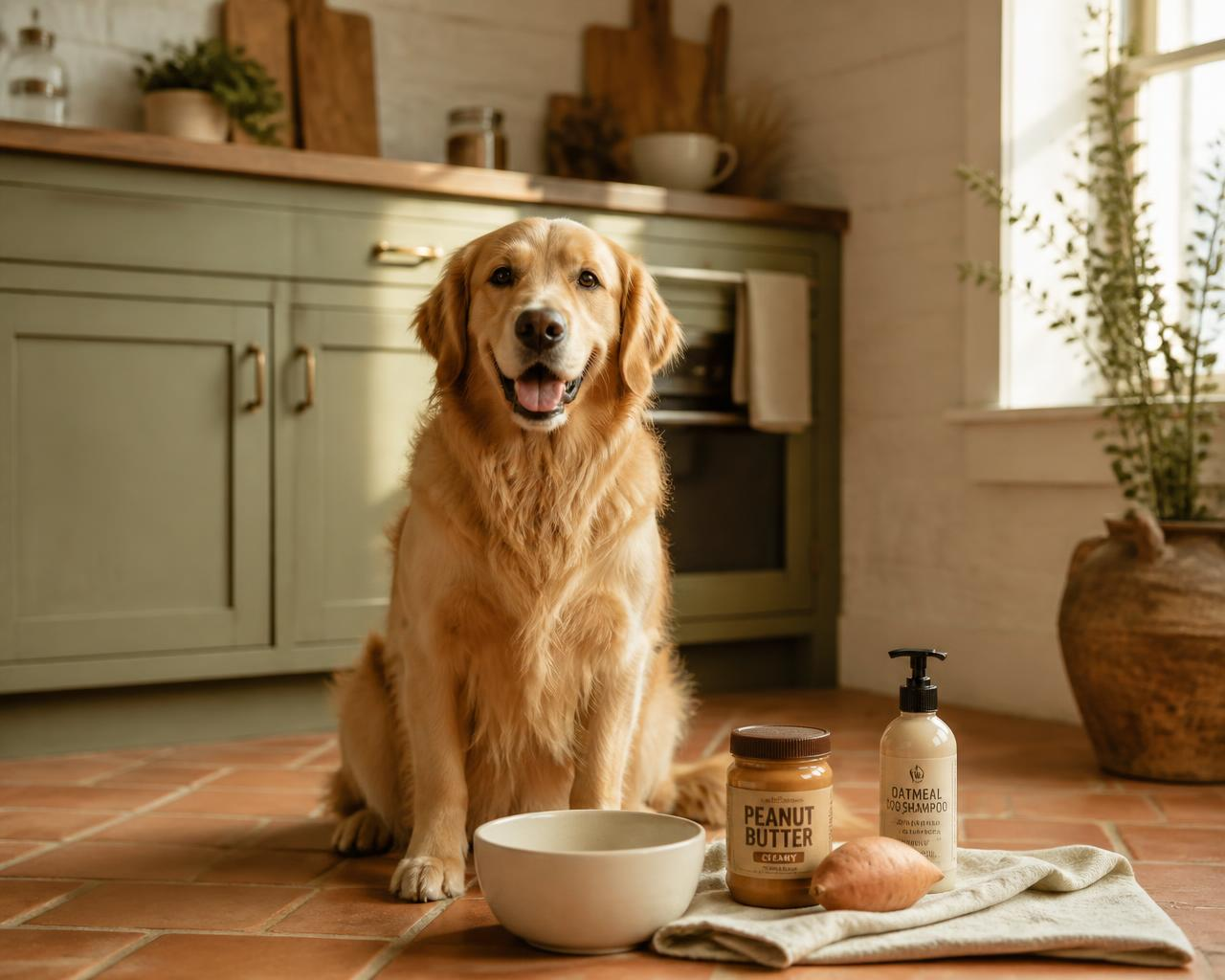 A happy golden retriever sitting in a warm kitchen with dog-safe peanut butter, a bowl, sweet potato and oatmeal dog shampoo