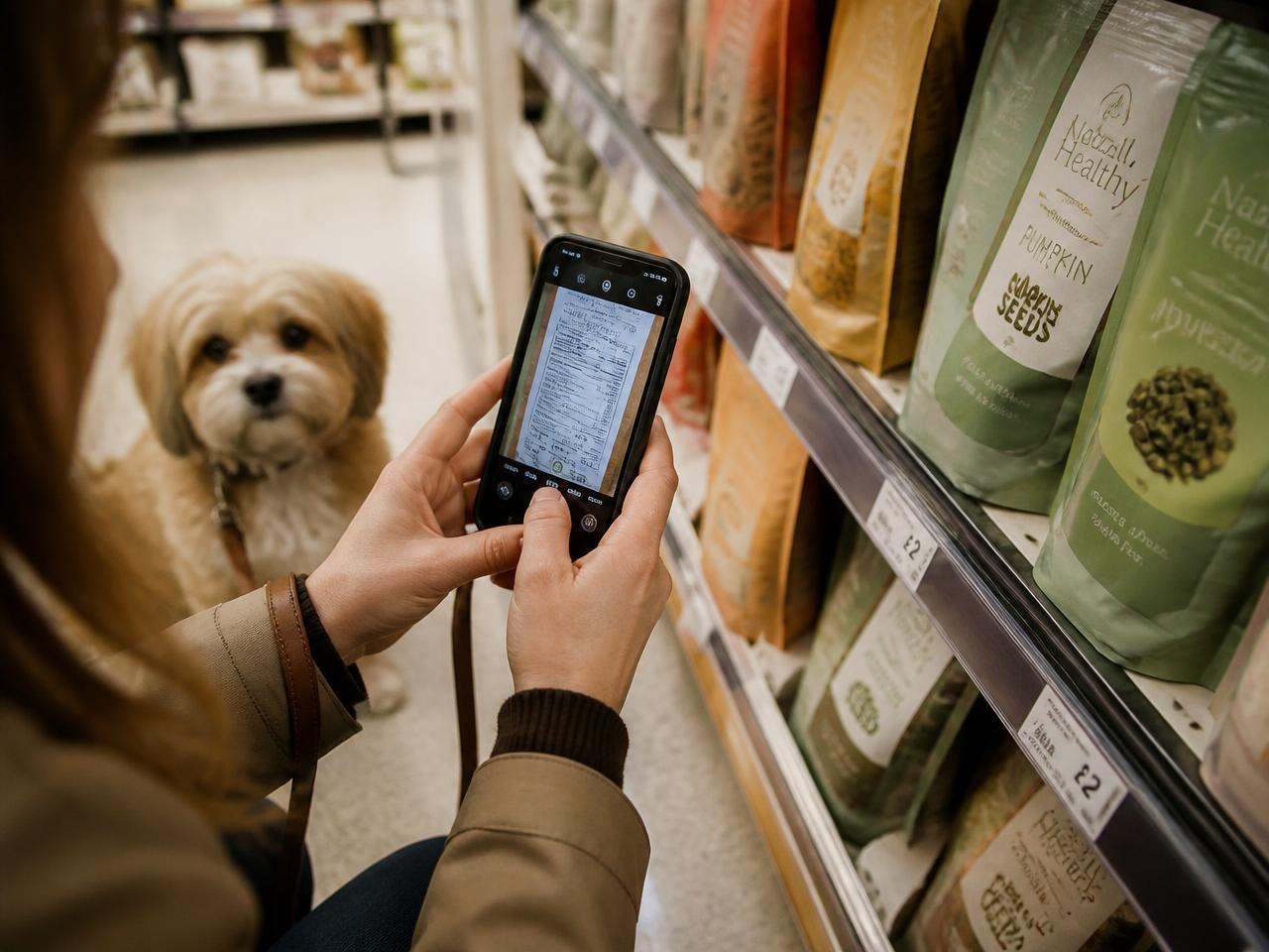 Dog owner photographing a product label in a shop